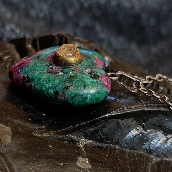 Ruby Ziosite with Herkimer Diamond Quartz gemstone heart pendant necklace #005 - Picture 2 of 3